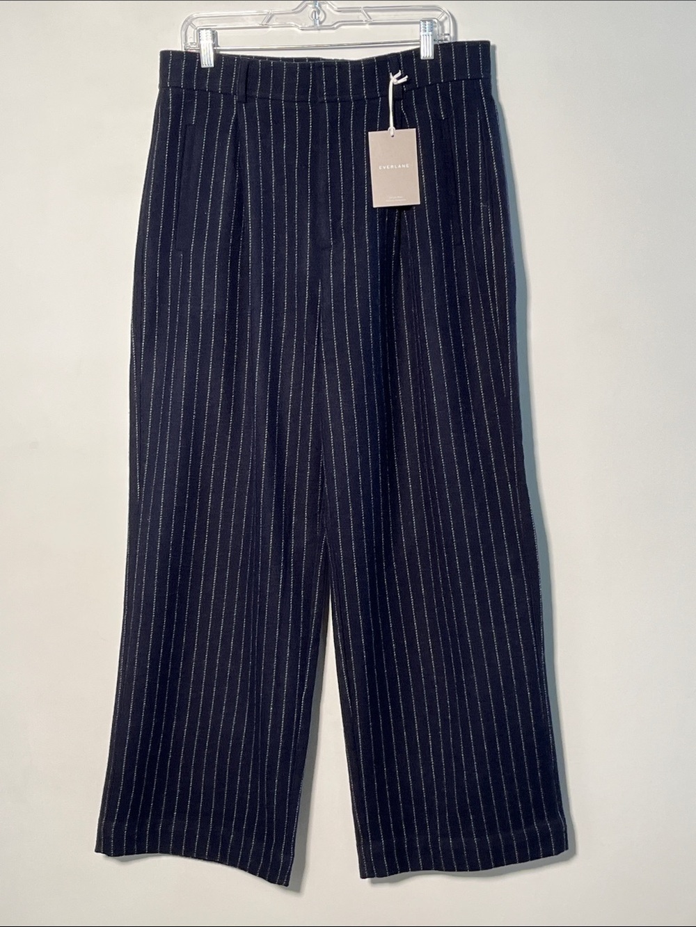 EVERLANE NWT Career Contemporary Pinstripe Wide-Leg Pleated Navy Wool Trouser 14